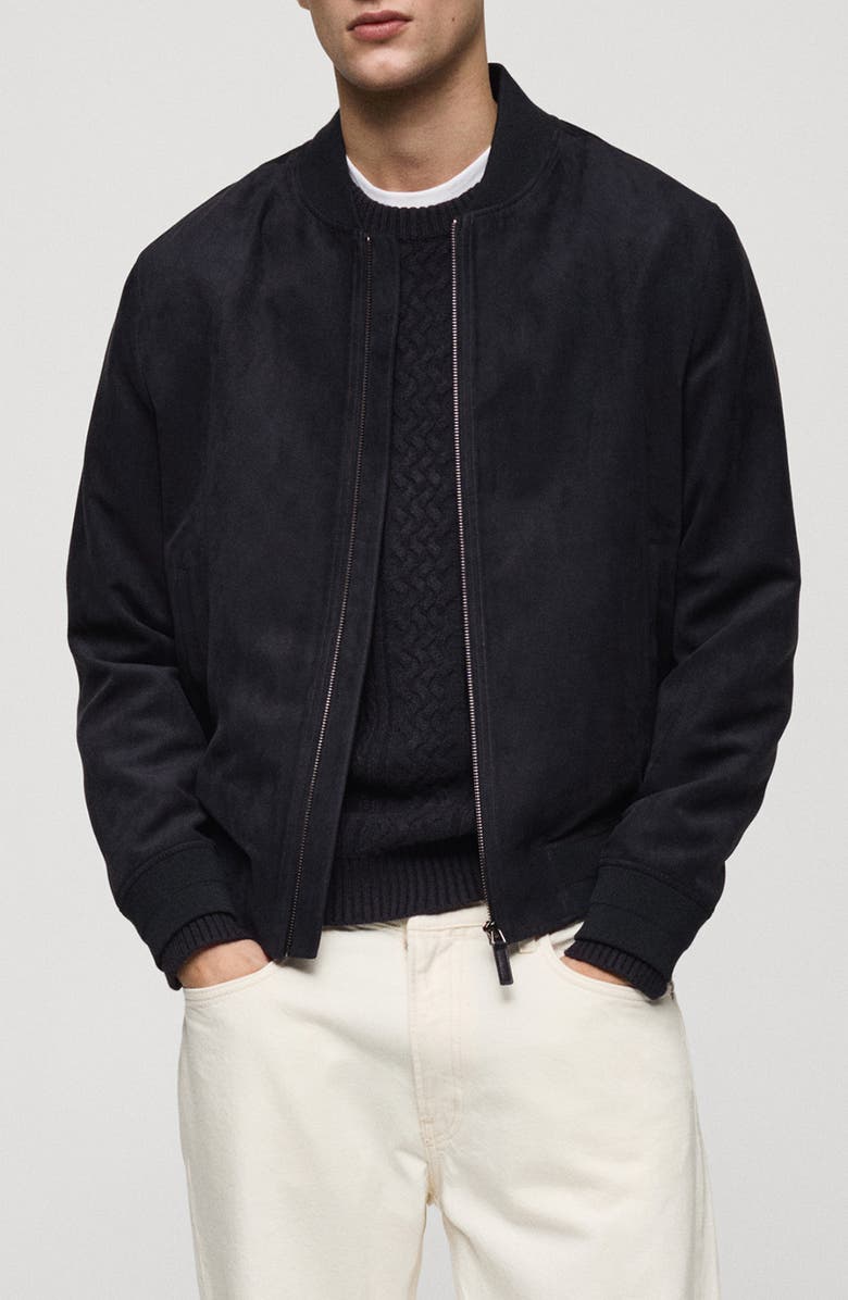 MANGO Faux Suede Bomber Jacket, Main, color, Night Blue