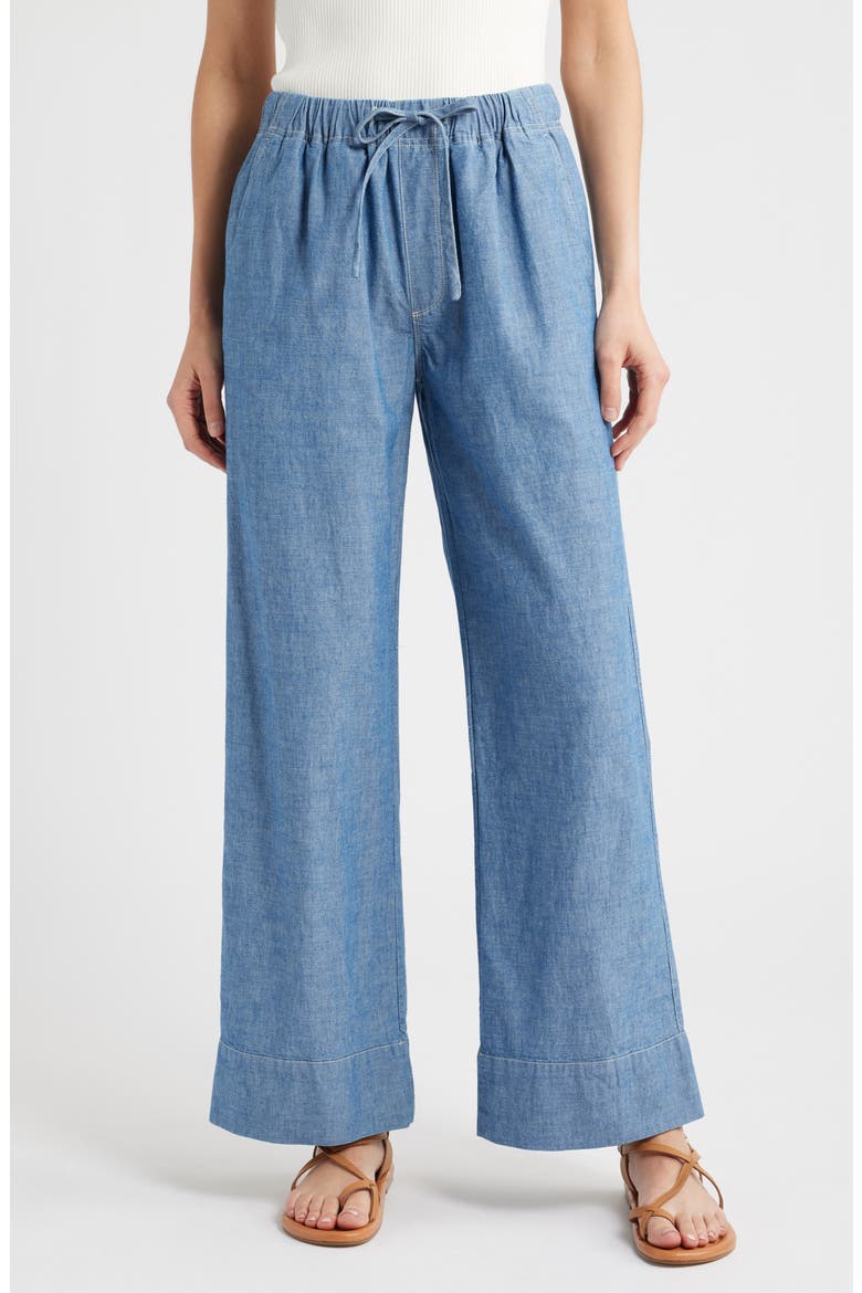 Riley Tie Waist Wide Leg Chambray Pants, Main, color, CHAMBRAY RINSE WASH