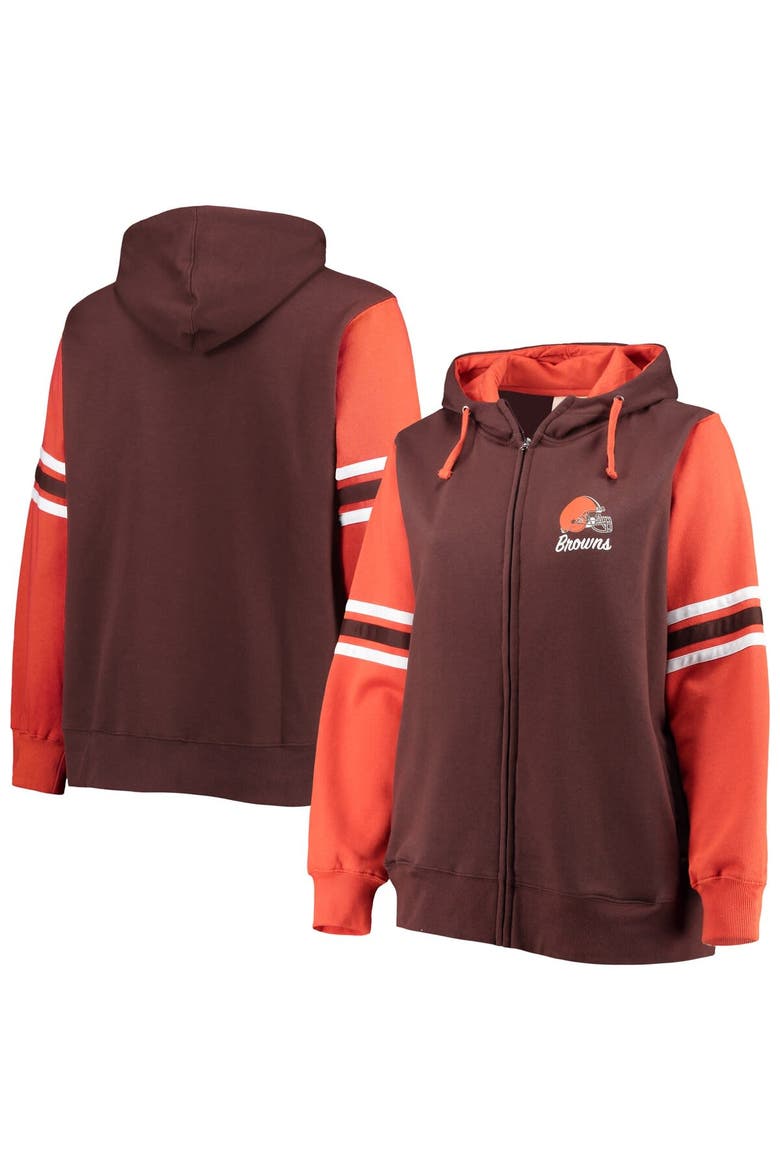 Women's Fanatics Branded Brown/Orange Cleveland Browns Plus Size Primary Logo Script Full-Zip Hoodie, Main, color, Brown