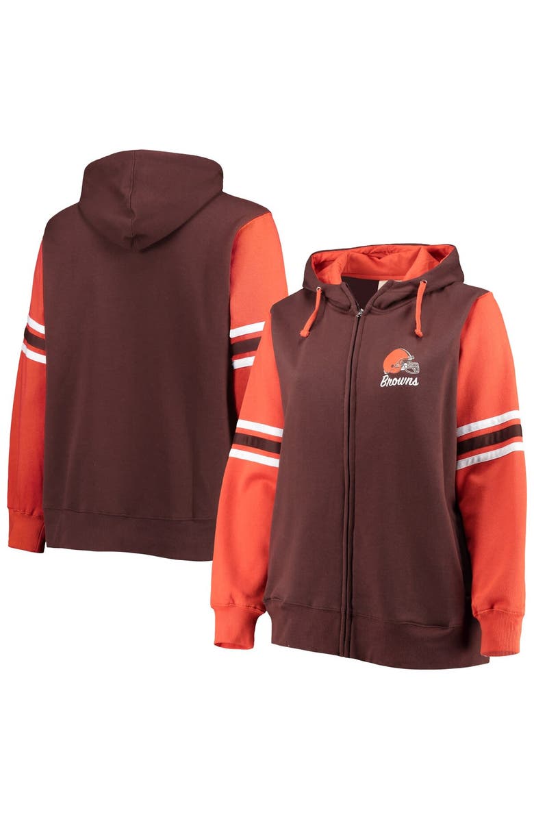 FANATICS Women's Fanatics Branded Brown/Orange Cleveland Browns Plus Size Primary Logo Script Full-Zip Hoodie, Main, color, 
