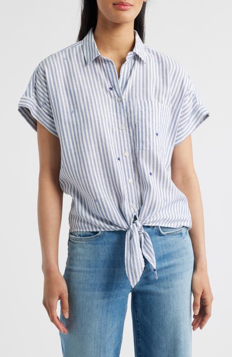 Rosie Embroidered Tie Front Short Sleeve Button-Up Shirt