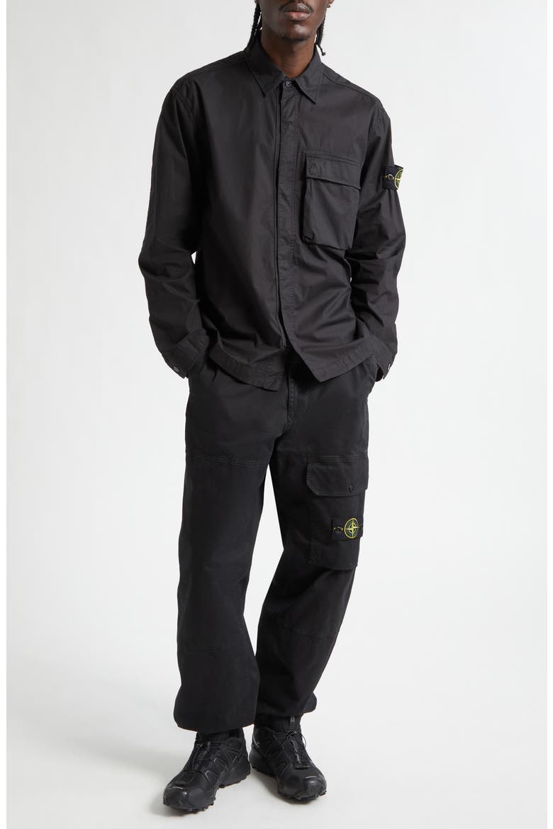 Compass Patch Stretch Cotton Canvas Overshirt, Alternate, color, BLACK