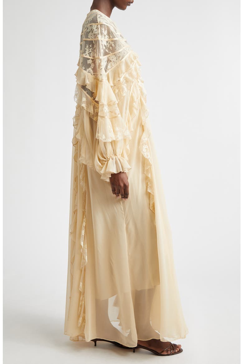 Rebellion Splice Long Sleeve Lace Ruffle Silk Maxi Dress, Alternate, color, CREAM