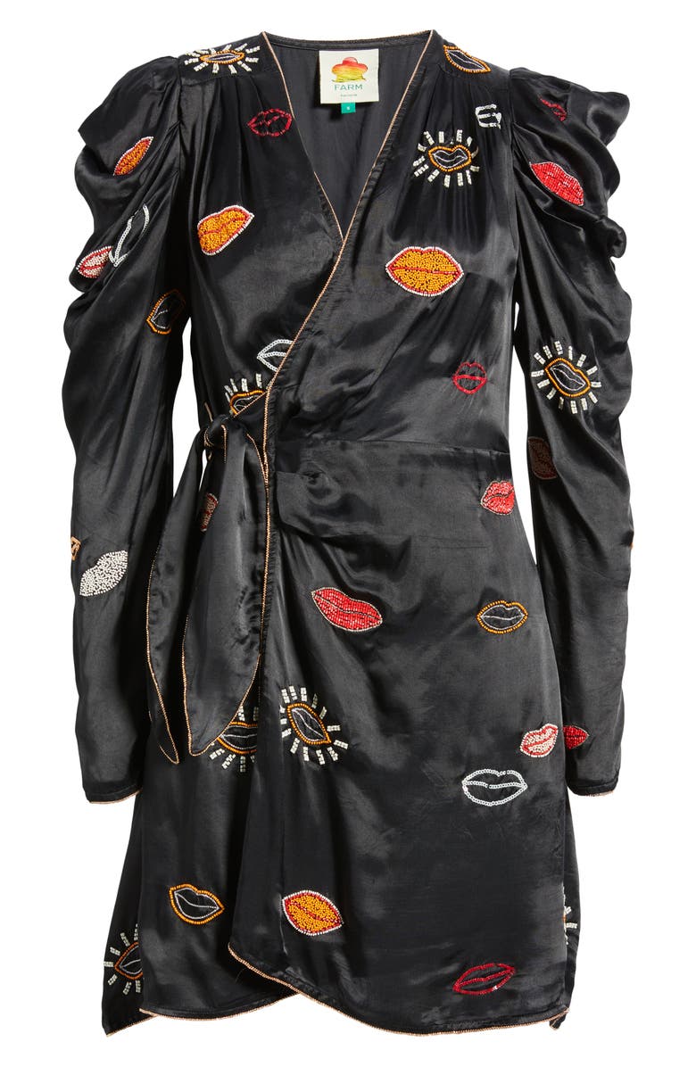 FARM Rio Beaded Kisses Wrap Minidress, Alternate, color, Black