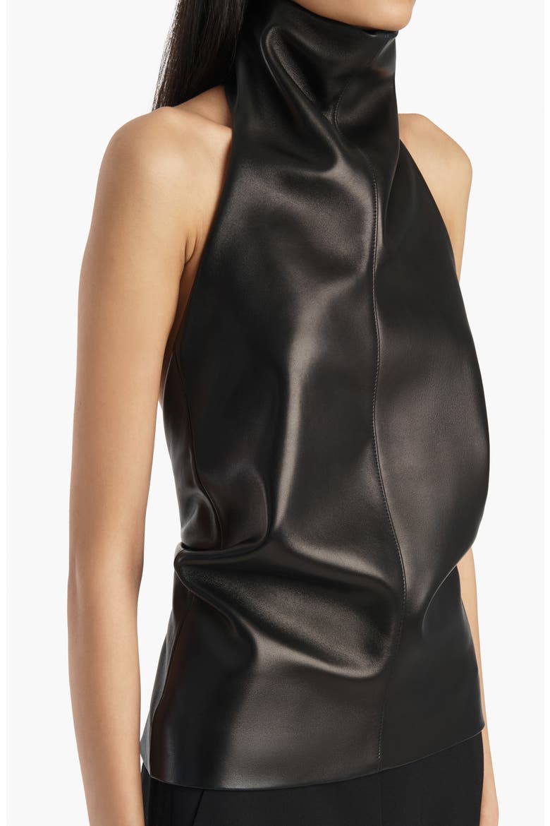 Rone Funnel Neck Leather Halter Top, Alternate, color, BLACK