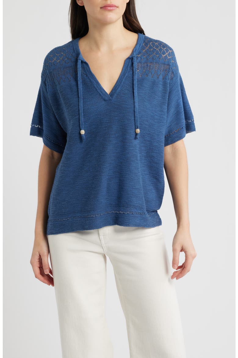 Tie Neck Pointelle Top, Main, color, CADET BLUE