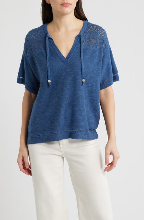 Tie Neck Pointelle Top