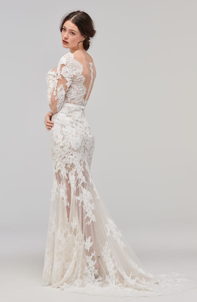 Willowby Sage Alençon Lace Trumpet Gown, Alternate, color, 