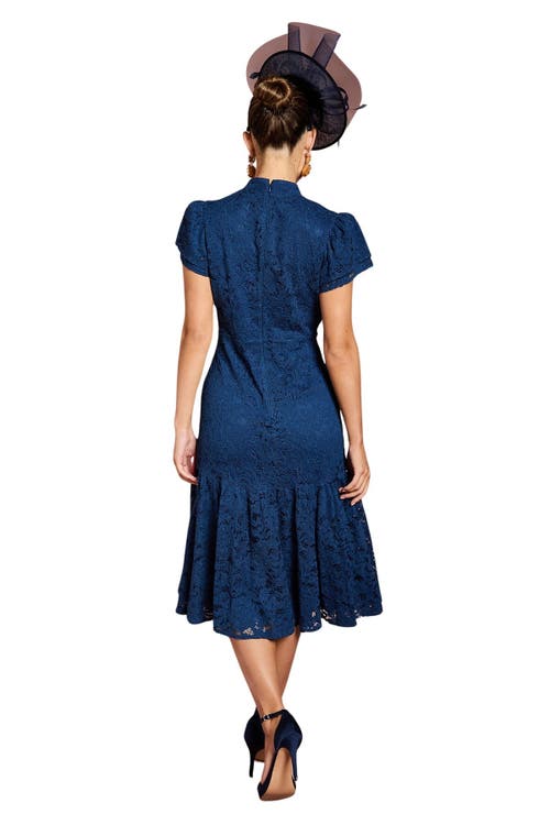 Coast Lace Frill Sleeve High Neck Midi Dress In Blue
