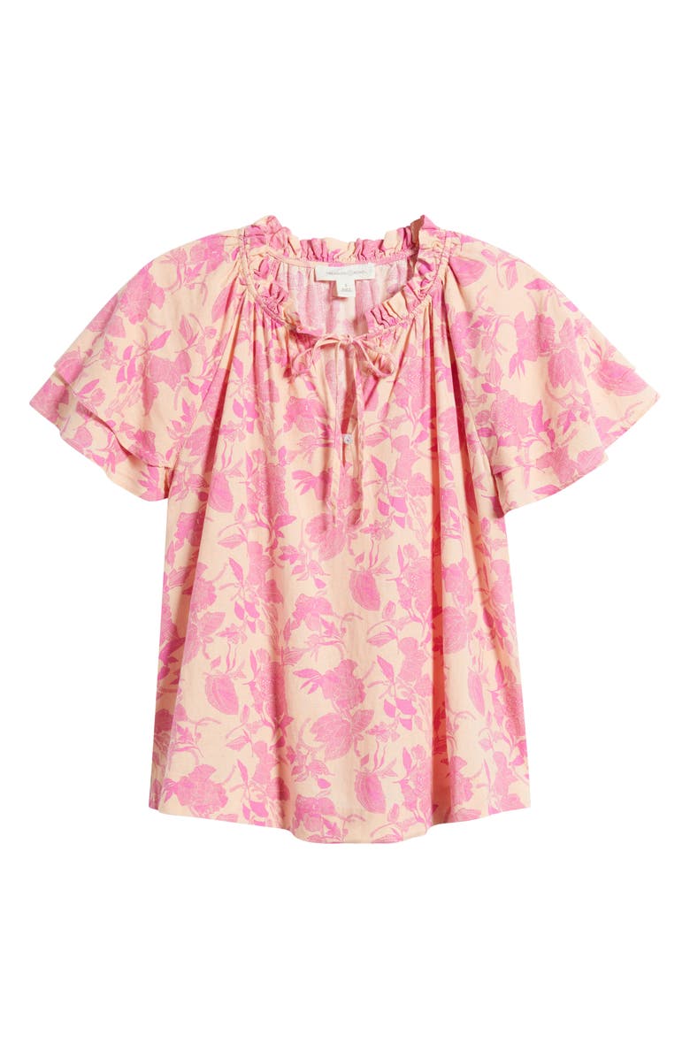 Treasure & Bond Shirred Botanical Print Linen Blend Top, Alternate, color, Coral- Pink Jill Bloom