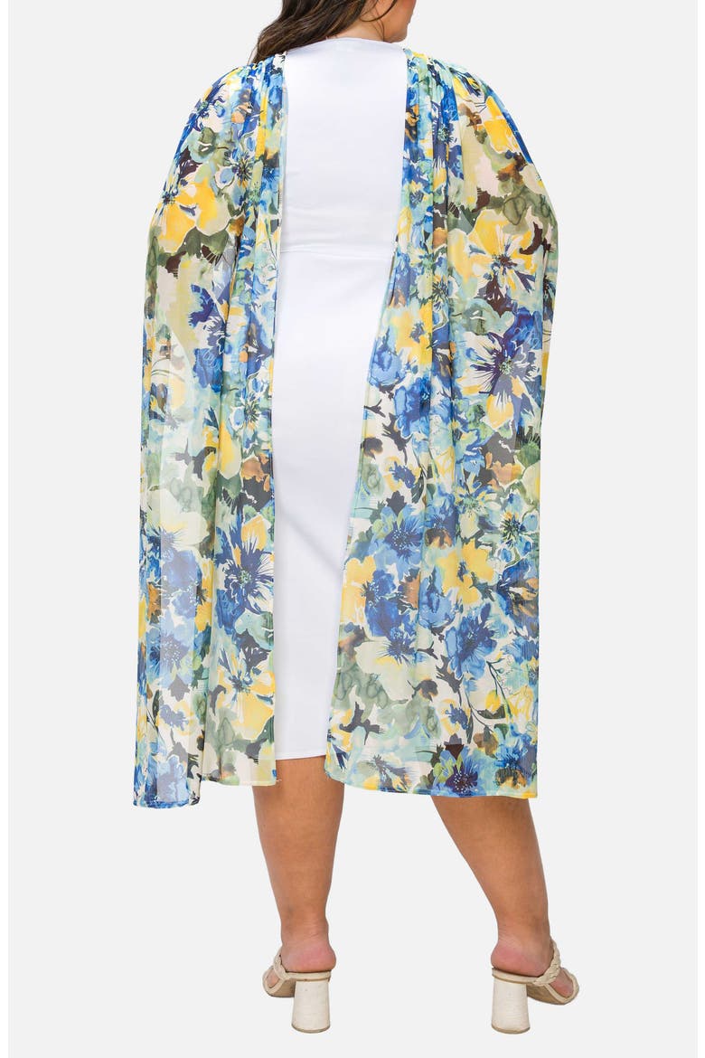 Evolette Floral Cape Sheath Dress, Alternate, color, WHITE