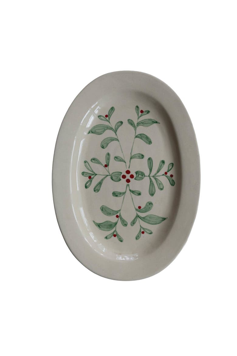 Mistletoe Hand-Painted Stoneware Oval Platter, Alternate, color, Multicolor