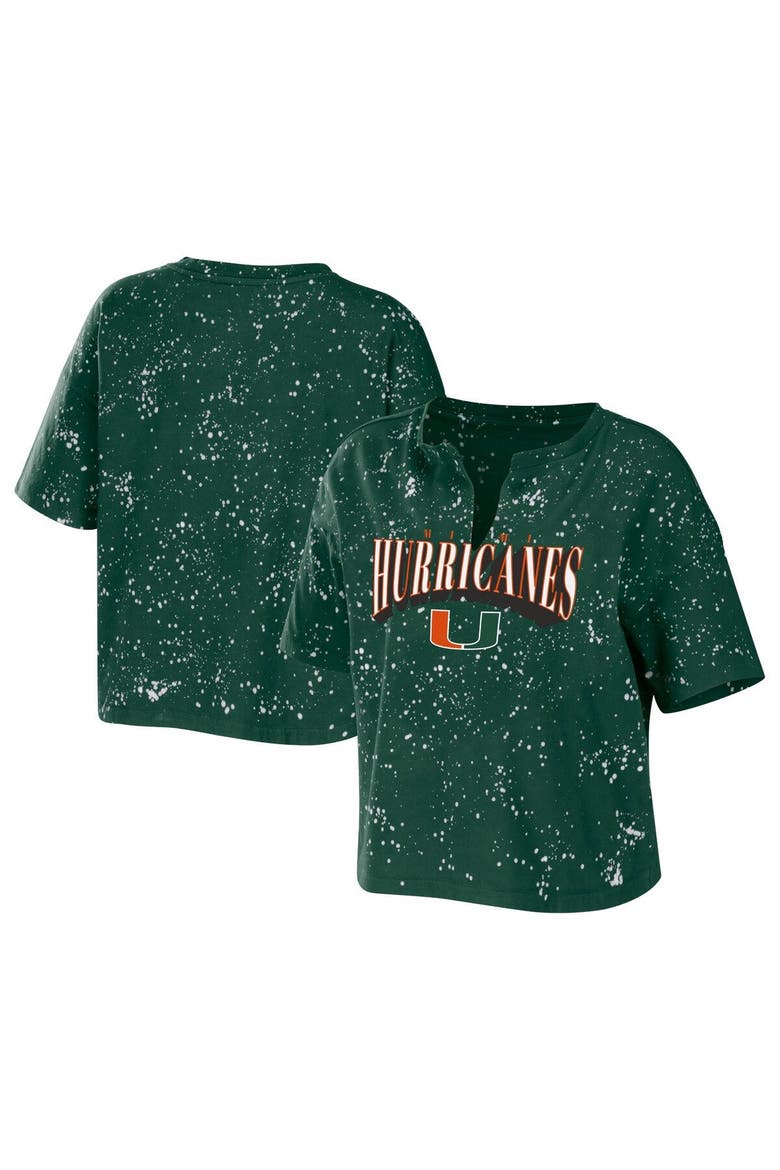 Women's WEAR by Erin Andrews Green Miami Hurricanes Bleach Wash Splatter Cropped Notch Neck T-Shirt, Main, color, Green