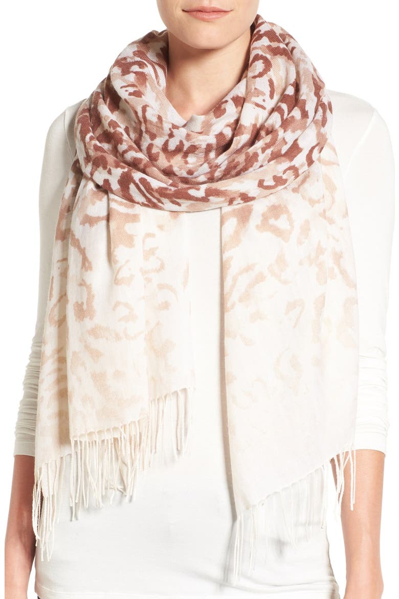 Washed Leopard Print Wool & Cashmere Scarf, Main, color, BROWN COMBO