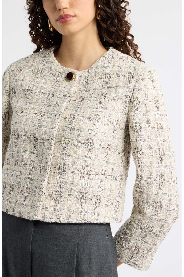 Collarless Cropped Tweed Jacket, Alternate, color, IVORY PLAID