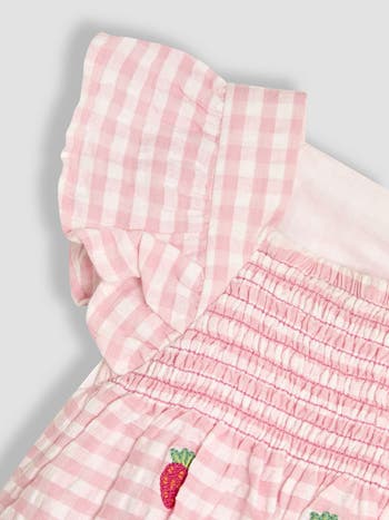 Gingham Check Strawberry Embroidered Romper & Sun Hat Set