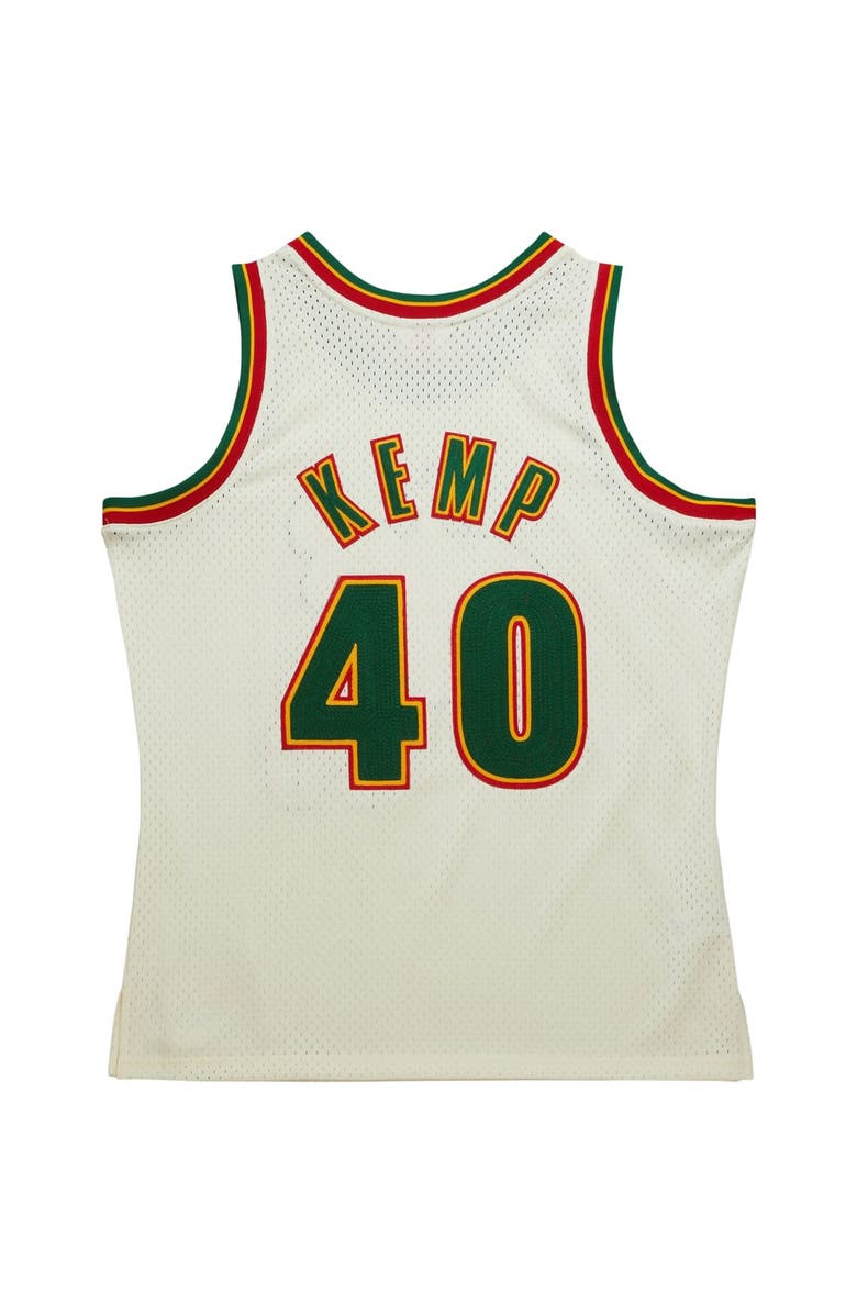 Mitchell & Ness Men's Mitchell & Ness Shawn Kemp Cream Seattle SuperSonics Chainstitch Swingman Jersey, Alternate, color, 