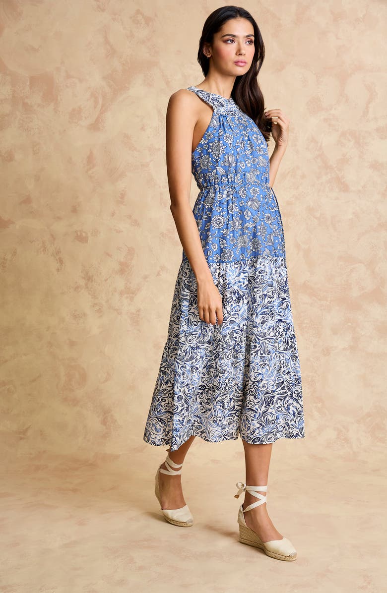 The Good Journey Floral Paisley Sleeveless Cotton Midi Dress, Alternate, color, Ivory/ Blue