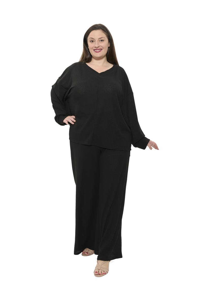 24seven Comfort Apparel Plus Size V Neck Long Sleeve Soft Waffle Knit Top and Pant Set, Main, color, Black