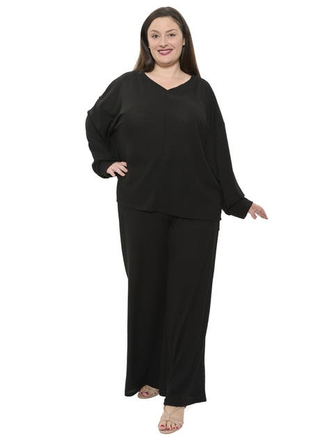 Plus Size V Neck Long Sleeve Soft Waffle Knit Top and Pant Set