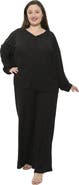 24seven Comfort Apparel Plus Size V Neck Long Sleeve Soft Waffle Knit Top and Pant Set