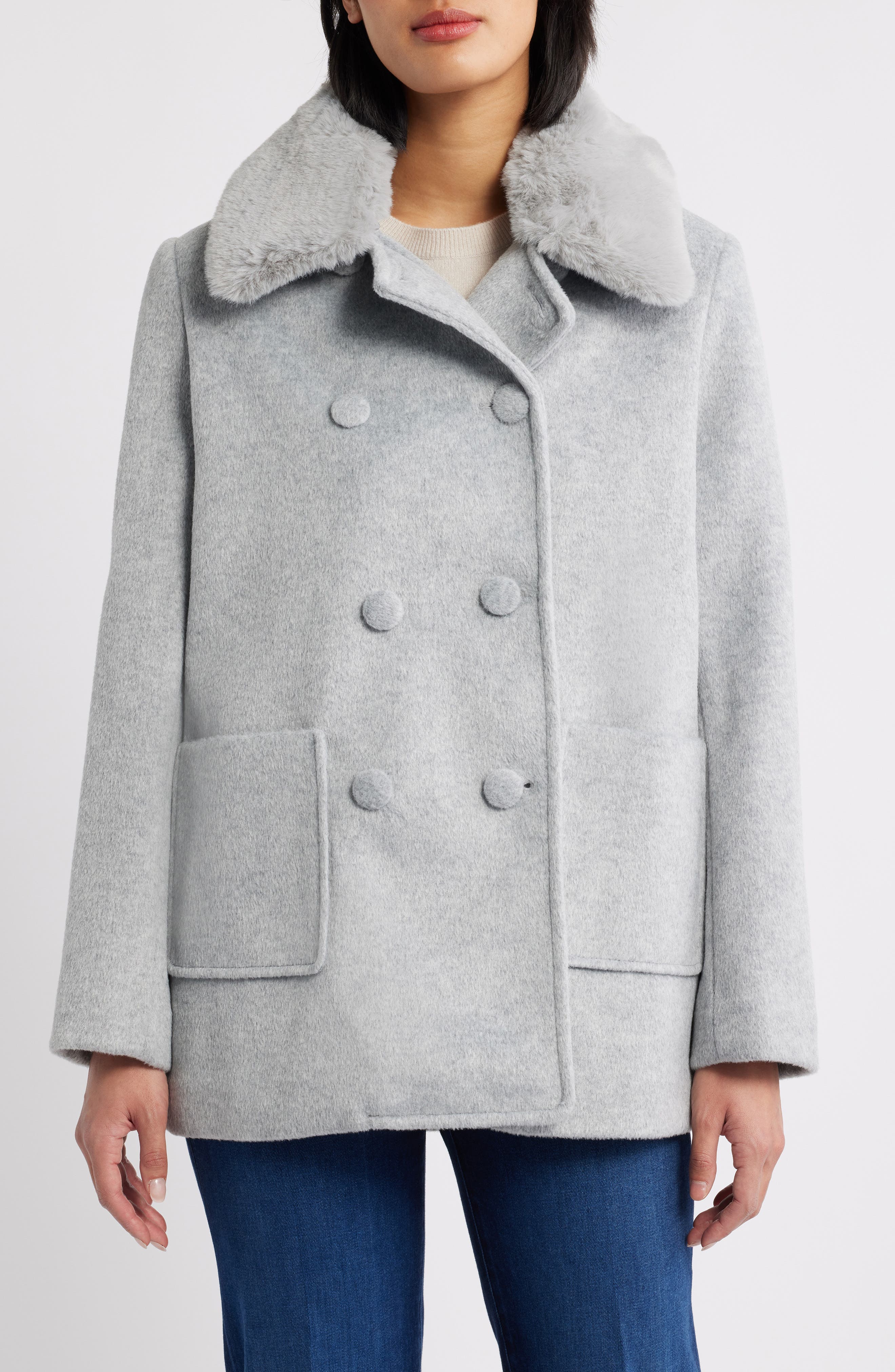 CeCe Faux Fur Collar Double Breasted Coat