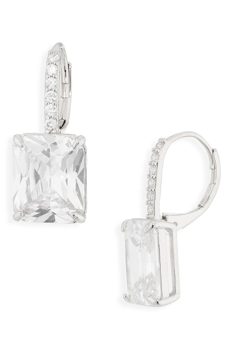 Crystal Square Pavé Leverback Earrings, Main, color, CLEAR- SILVER