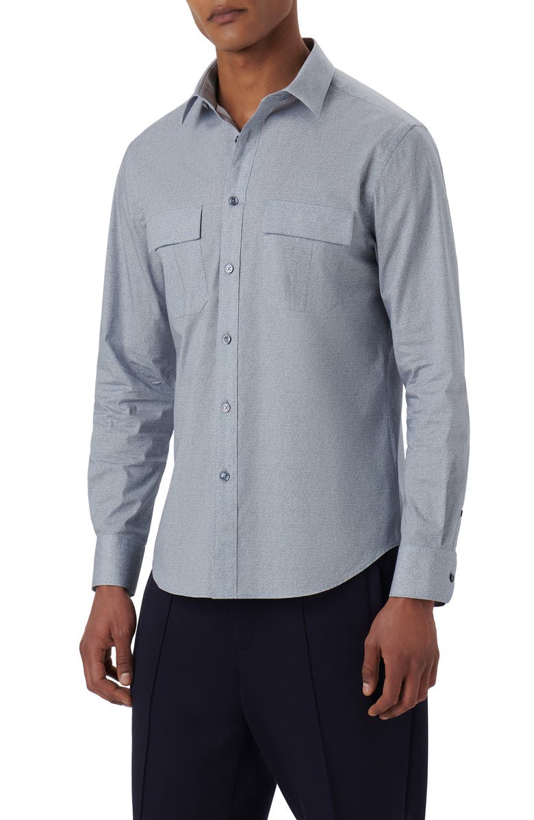 Bugatchi Julian Shaped Fit Heather Stretch Cotton Button-Up Shirt, Main, color, Dusty-Blue