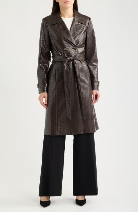 Embossed Faux Leather Trench Coat