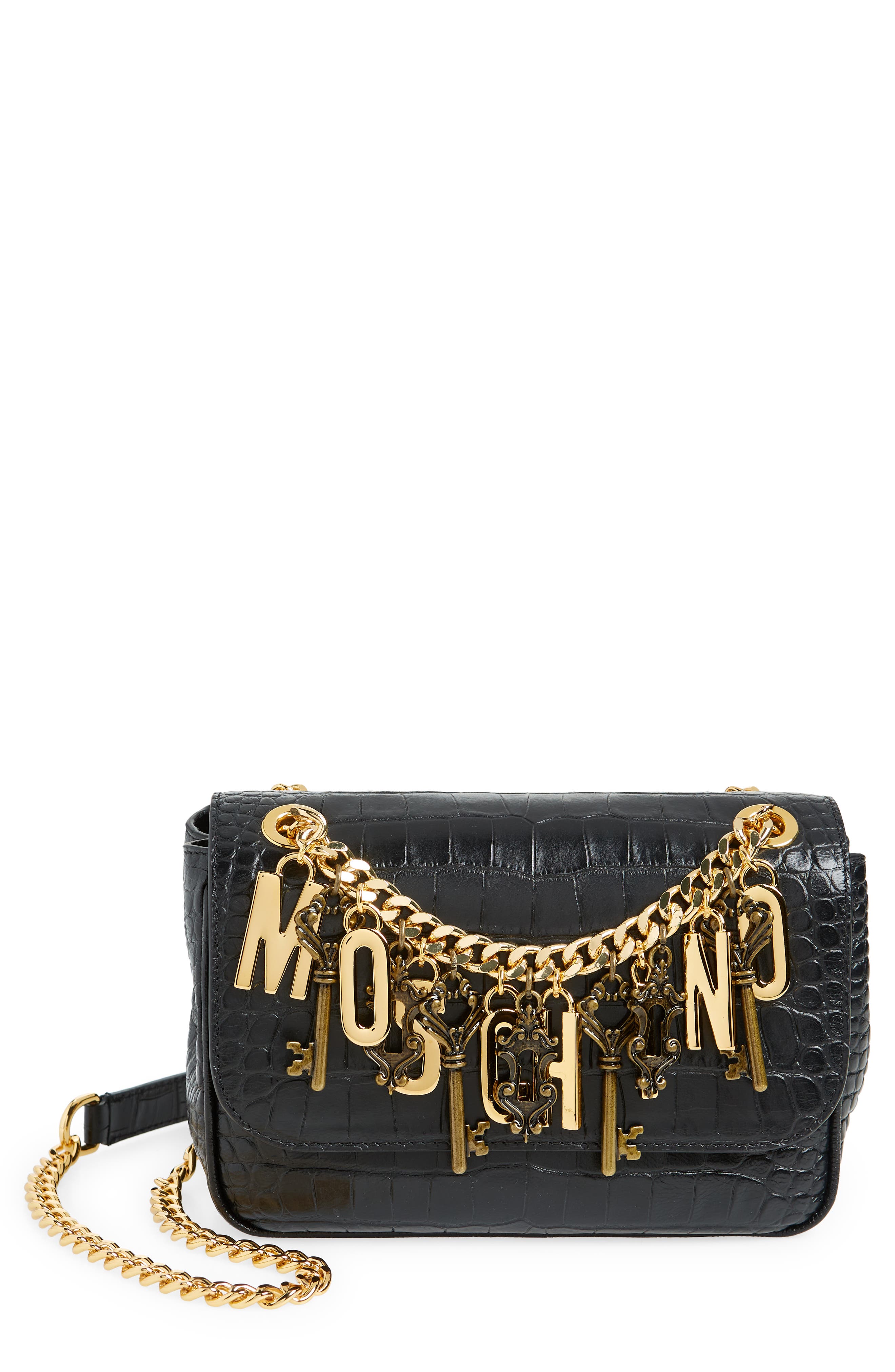 Moschino Logo Chain Croc Embossed Leather Crossbody Bag, Main, color, 