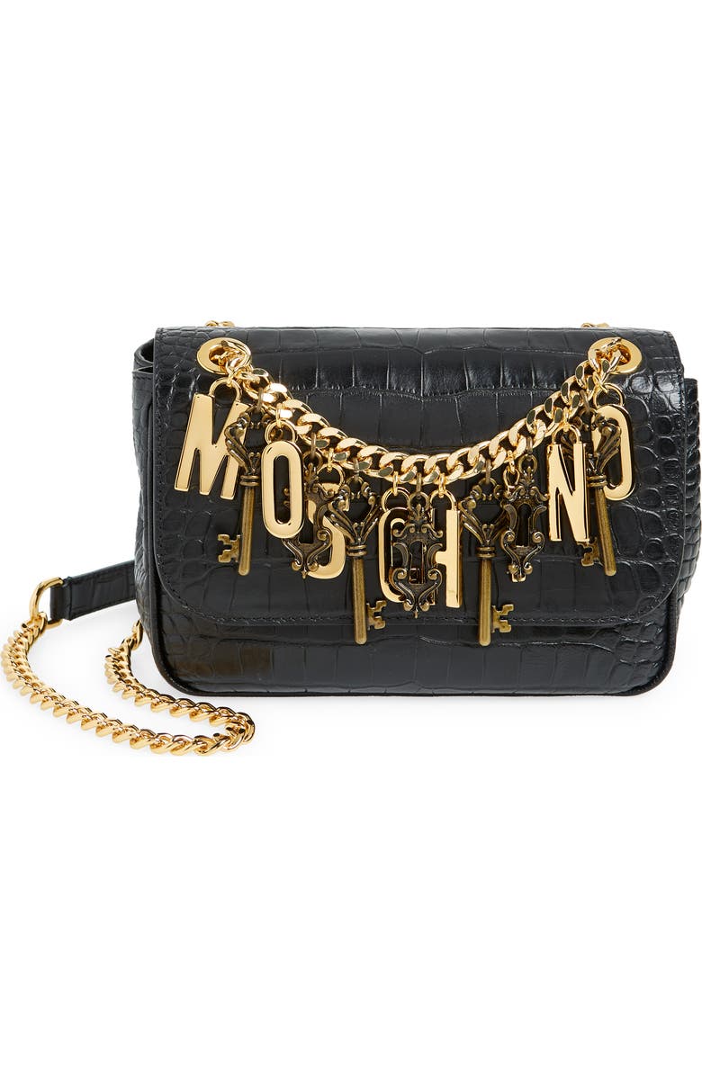 Moschino Logo Chain Croc Embossed Leather Crossbody Bag, Main, color,