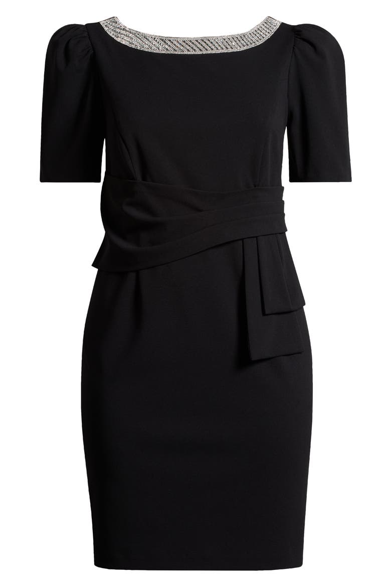 Embellished Crepe Sheath Dress, Alternate, color, BLACK