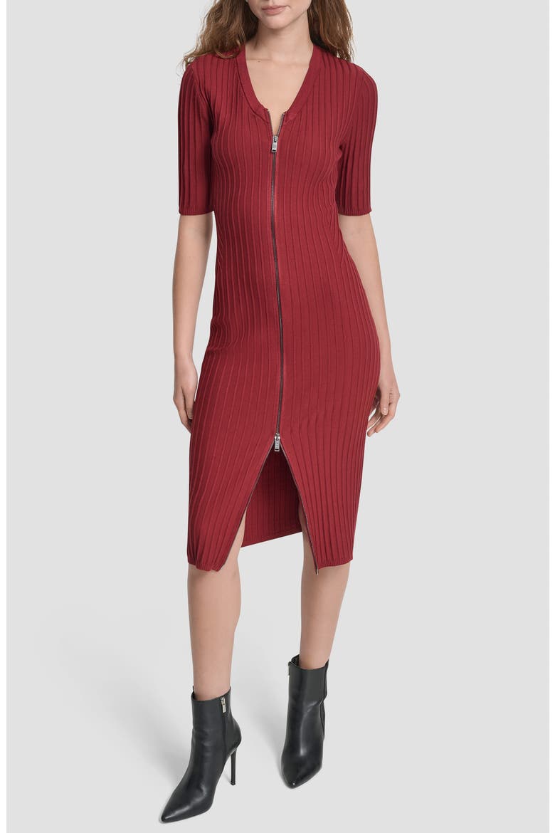 Ribbed Front Zip Sweater Dress, Main, color, MERLOT