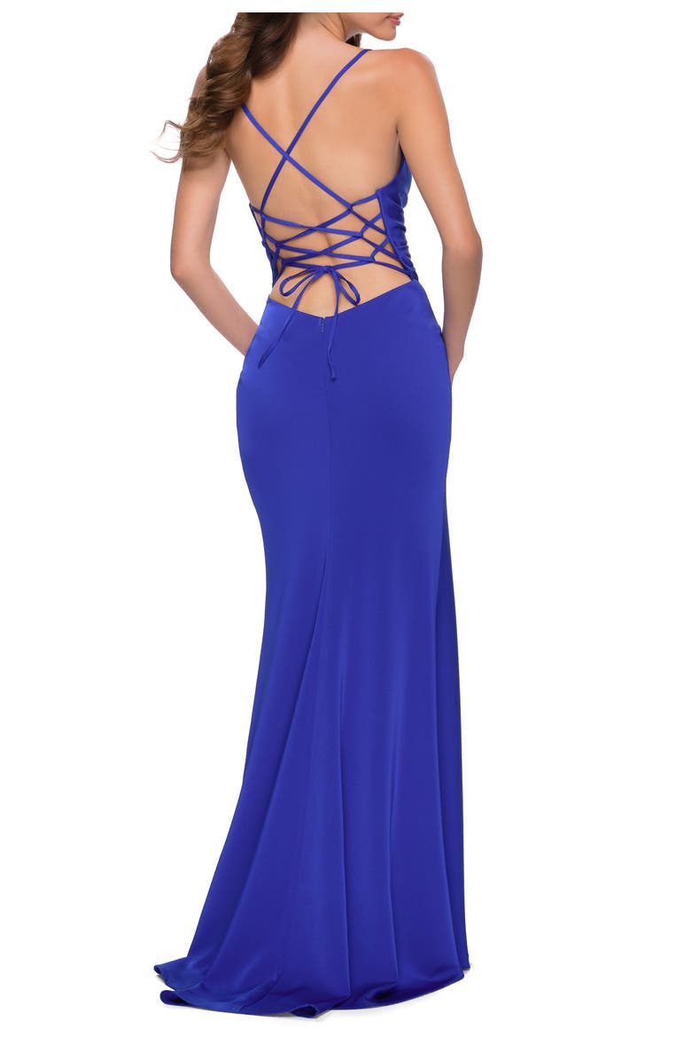 La Femme Ruched Jersey Gown with Intricate Lace Up Back, Alternate, color, Royal Blue
