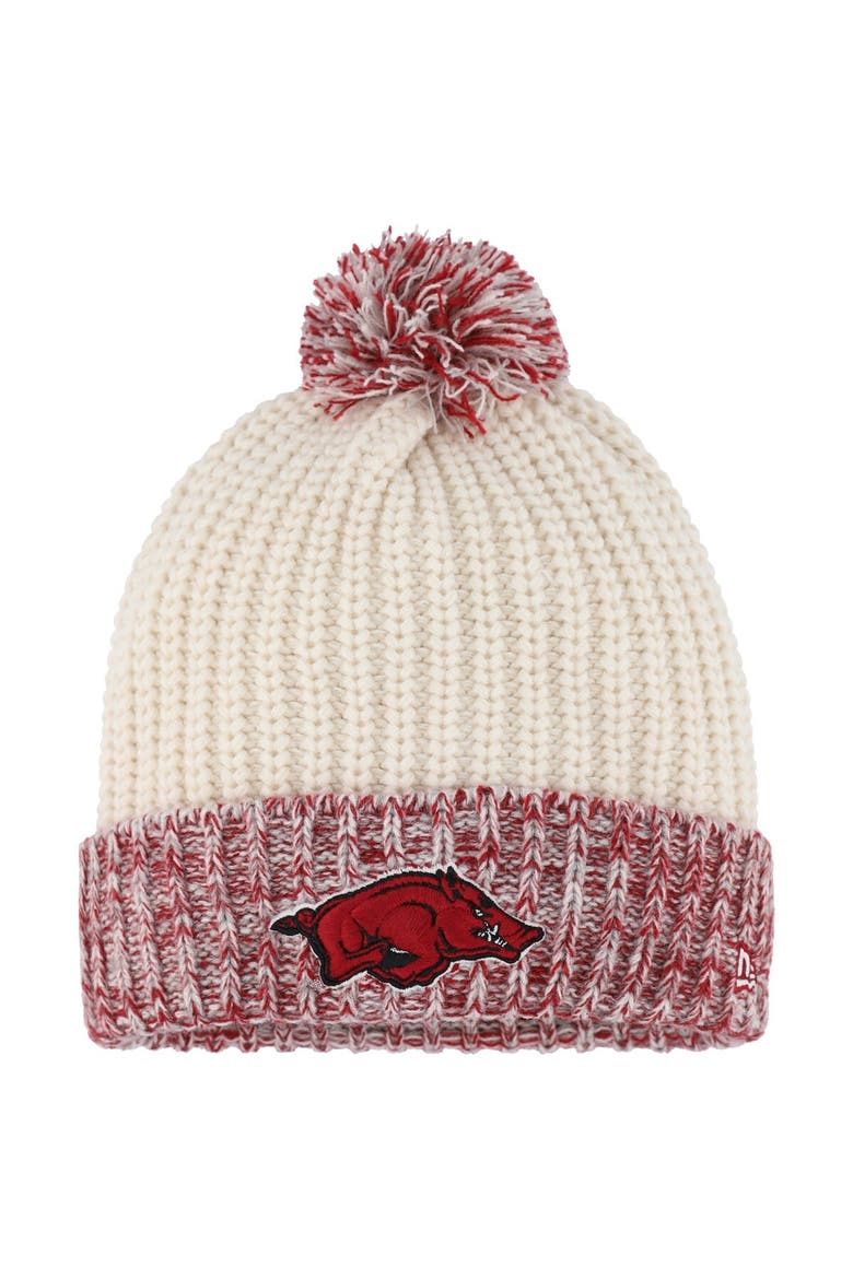 Girls Youth New Era Cream Arkansas Razorbacks Fresh Cuffed Knit Hat with Pom, Main, color, Cream