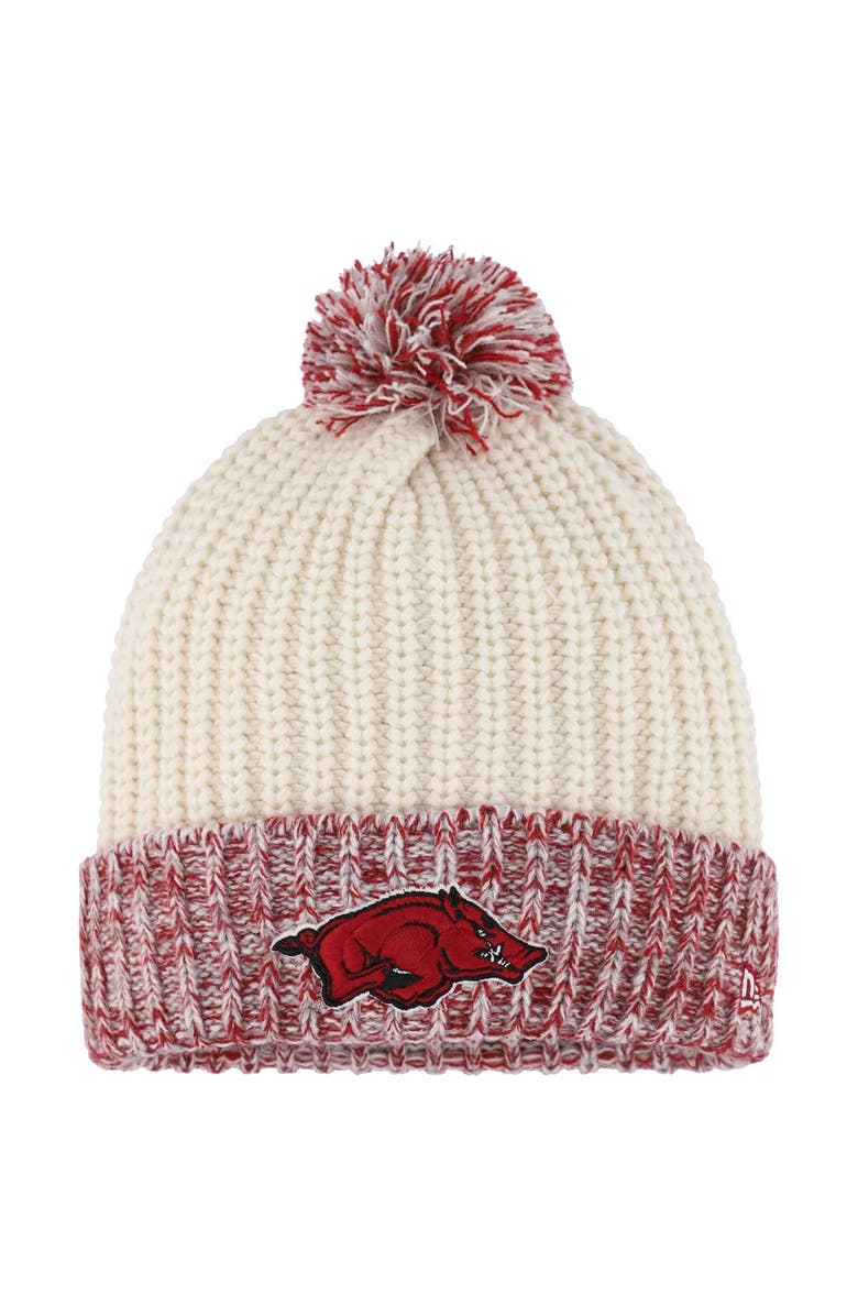 New Era Girls Youth New Era Cream Arkansas Razorbacks Fresh Cuffed Knit Hat with Pom, Main, color,