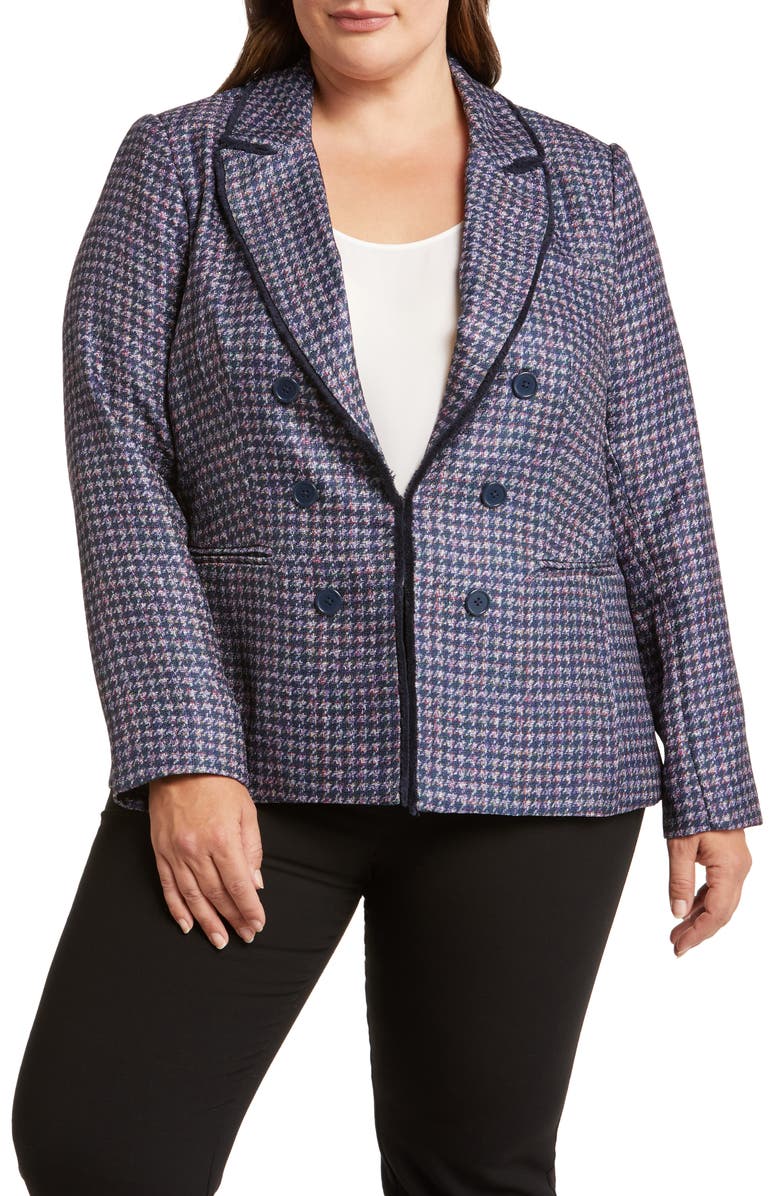 Tahari ASL Houndstooth Faux Double Breasted Blazer, Main, color, Navy/ Pink/ Violet