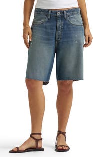 Lee Darted Slouch Distressed Raw Hem Denim Bermuda Shorts