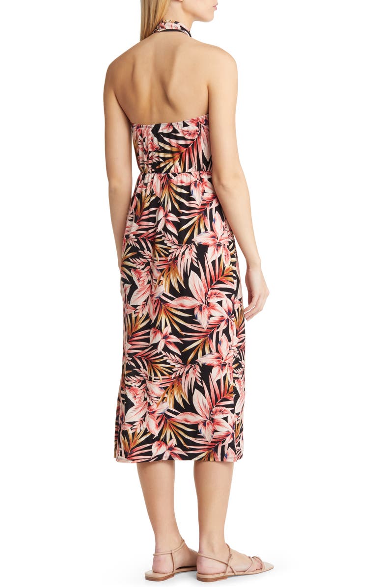 Loveappella Palm Print Twist Halter Neck Midi Dress, Alternate, color, Black/ Marsala