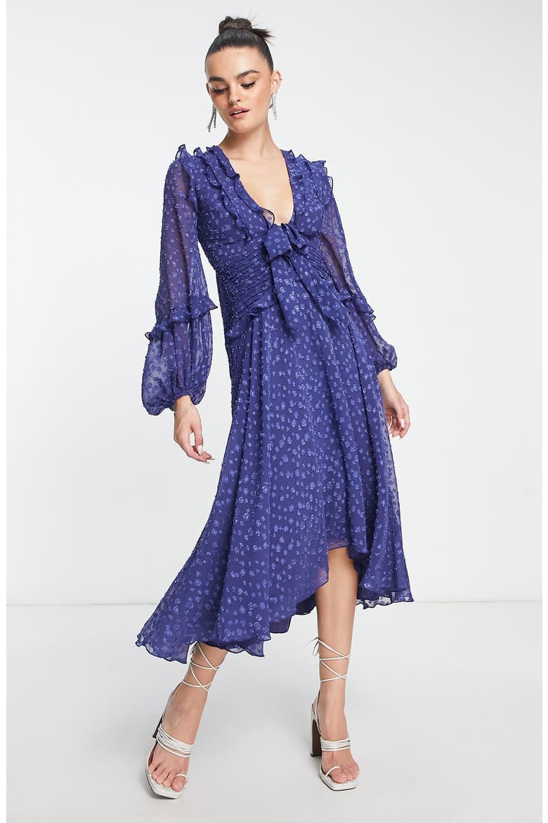 Ruffle Long Sleeve A-Line Midi Dress, Alternate, color, MEDIUM BLUE