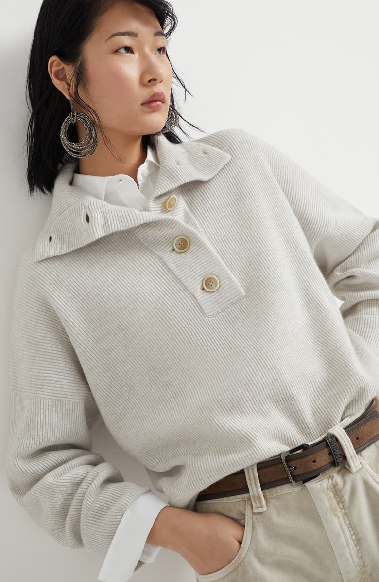 Brunello Cucinelli Cashmere English rib polo-style sweater with monili, Alternate, color, 