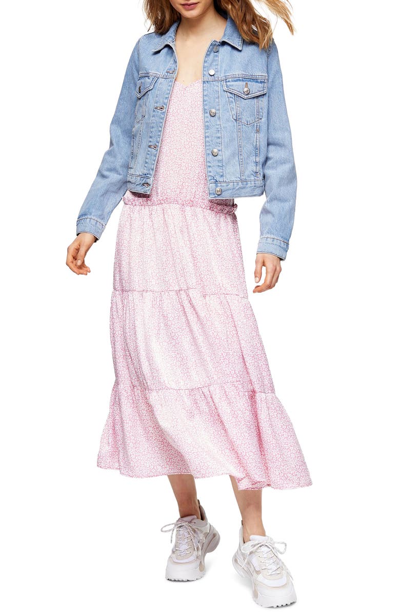 Topshop Floral Print Tiered Satin Slipdress, Main, color,