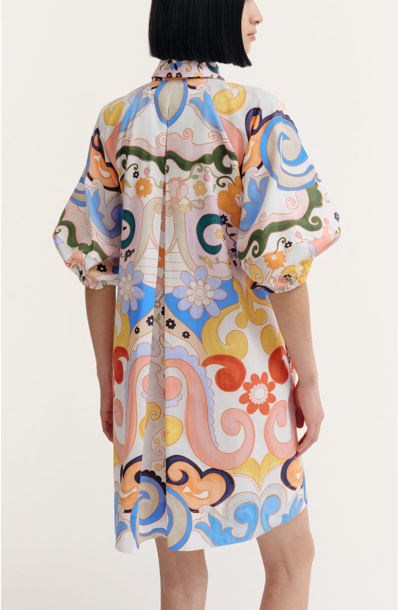 De Loreta Este Puff Sleeve Cotton Mini Shirtdress, Alternate, color, Rambutan Print
