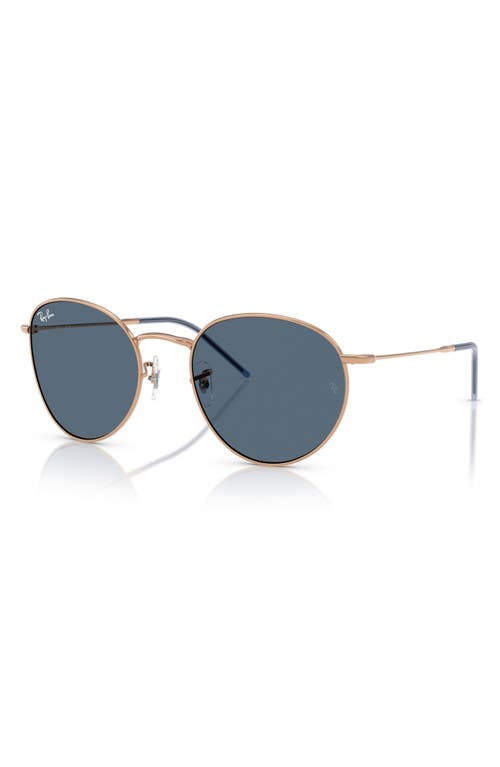 Ray Ban Round Reverse Sunglasses Rose Gold Frame Blue Lenses 55-21 In Dark Blue
