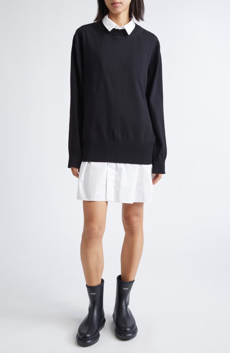 Sacai Mixed Media Layered Long Sleeve Knit & Poplin Dress, Main, color, Black/ Off White