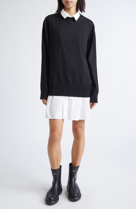 Mixed Media Layered Long Sleeve Knit & Poplin Dress