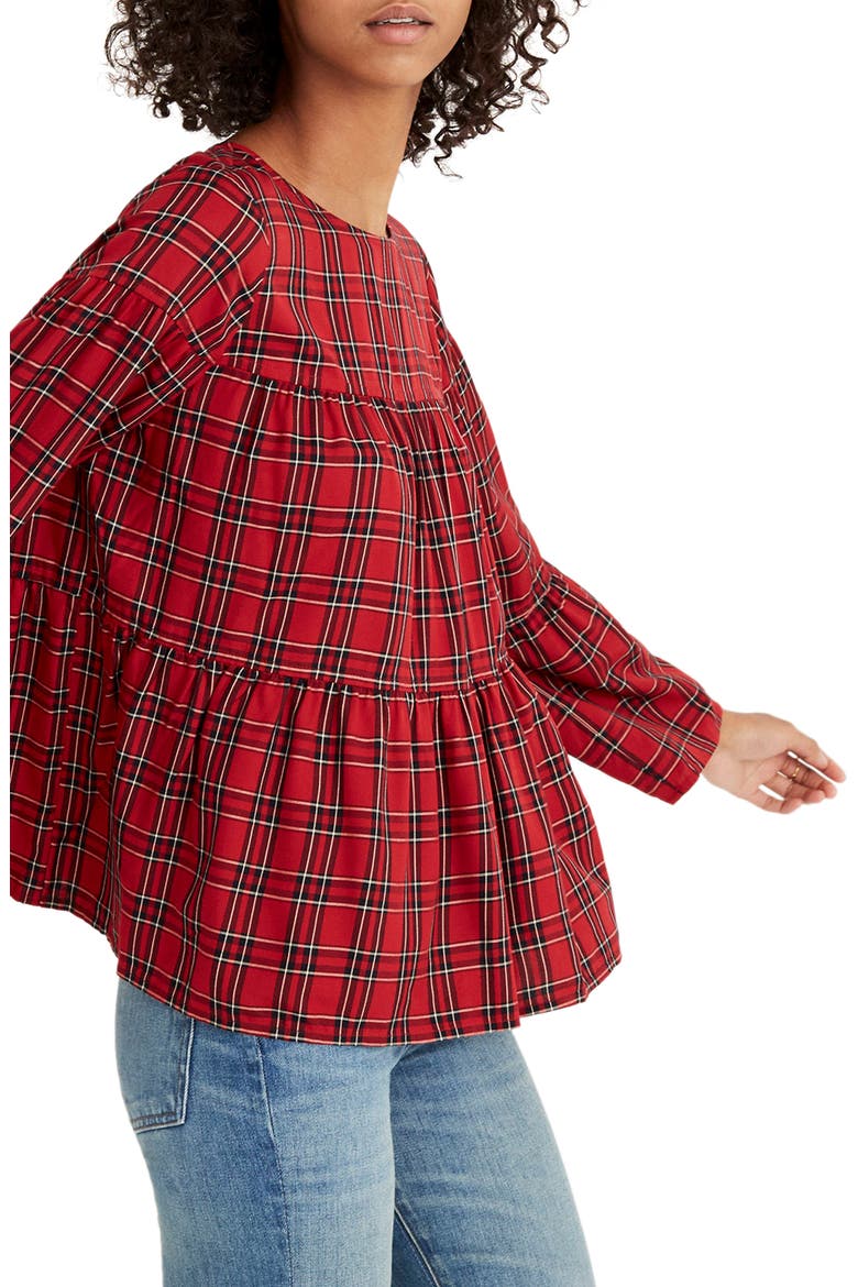 Plaid Tiered Button Back Top, Alternate, color, TRUE RED
