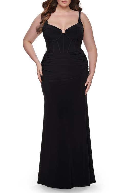 La Femme Jersey Long Plus Size Dress With Bustier Top And Tie Back