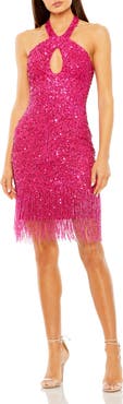 Mac Duggal Cross Front Keyhole Top Beaded Fringe Mini Dress