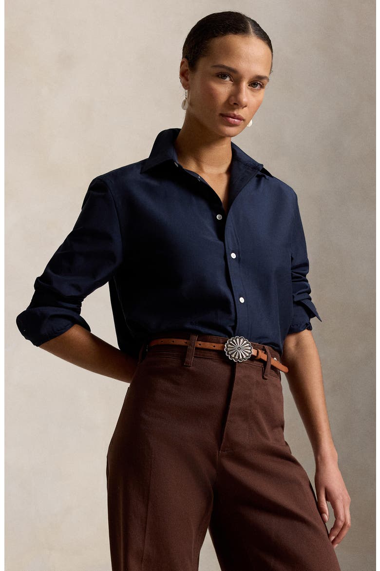 Relaxed Fit Cotton & Silk Button-Up Shirt, Alternate, color, HUNTER NAVY